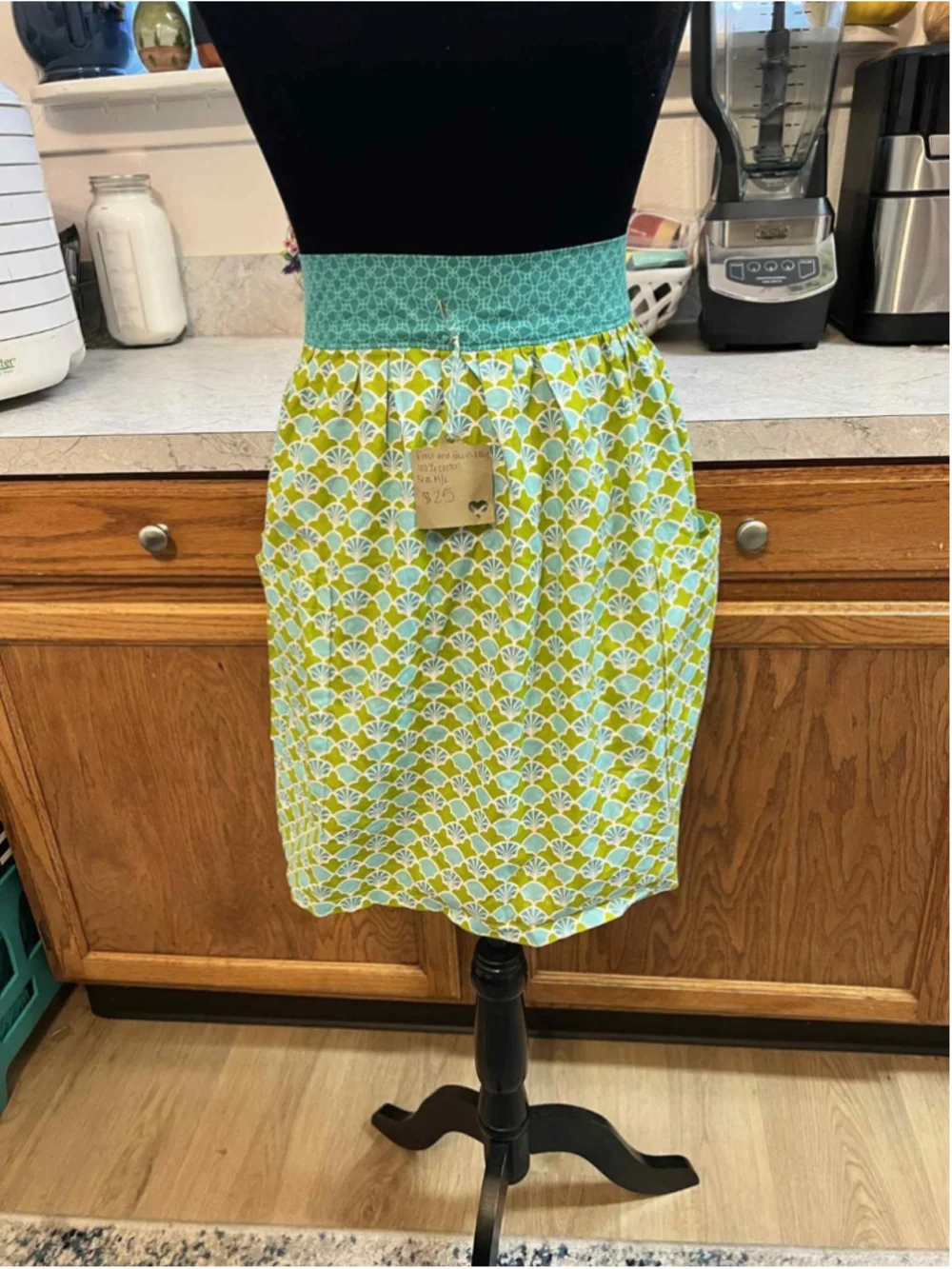 Handmade Cotton Apron Green & Aqua Retro Fan Print Kitchen Apron M/L New Pockets